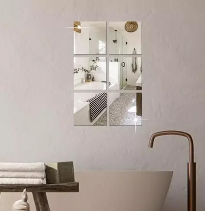 4 Big Square Silver 3D Acrylic Mirror Wall Sticker - Utility Mart