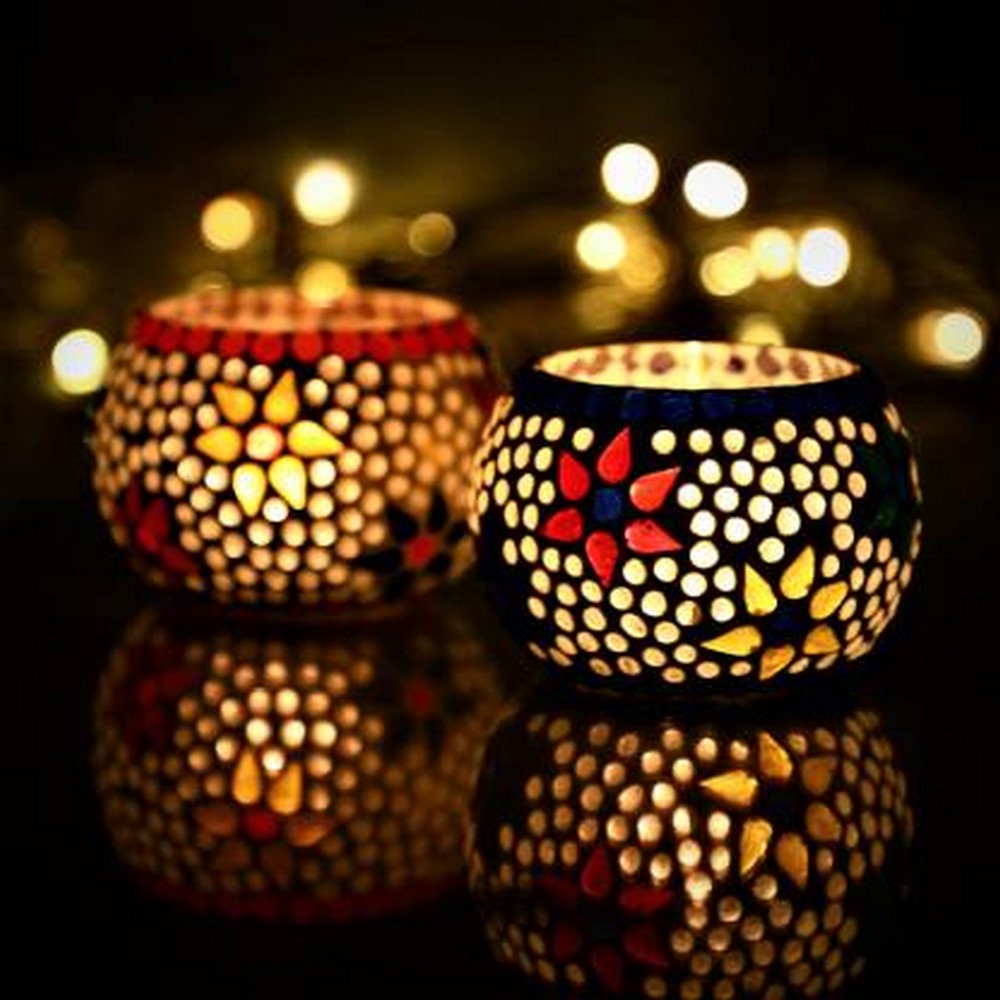 eCraftIndia Set of 2 Mosaic Glass Decorative Tea Light Holder - Utility Mart