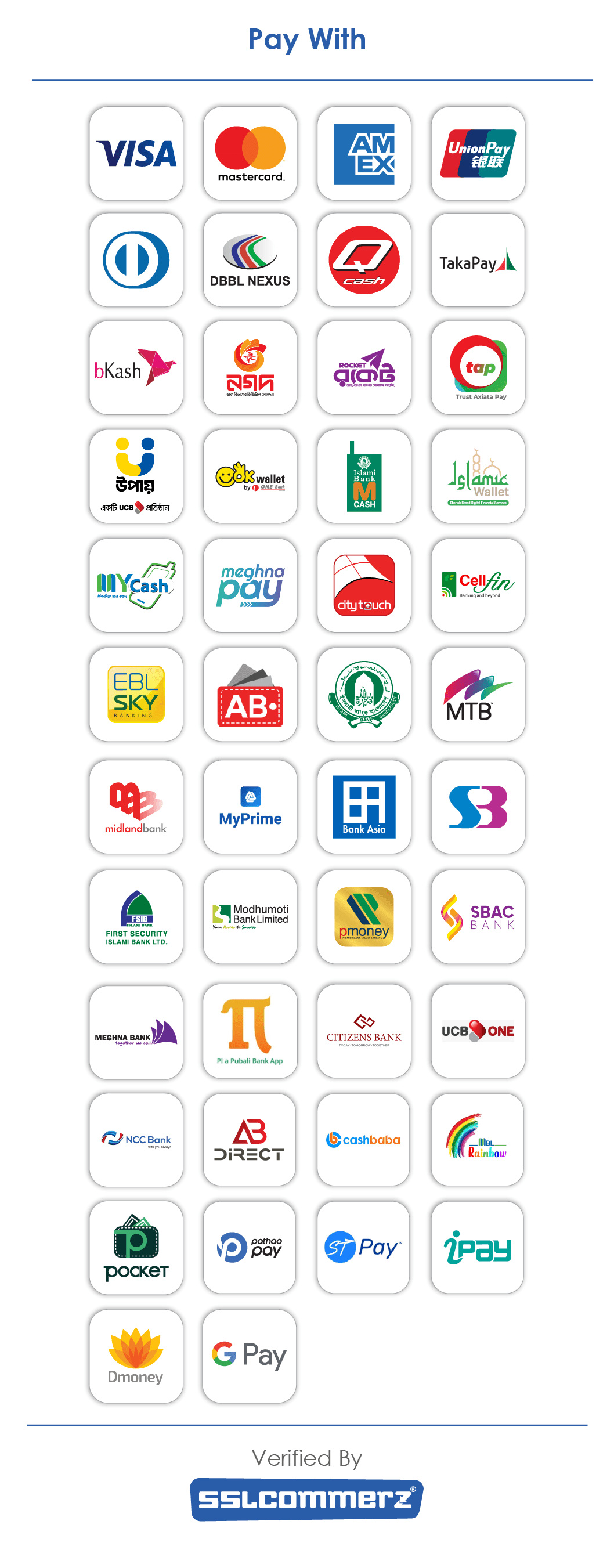 Pay with Visa, Mastercard, American Express, UnionPay, bKash, Nagad, Rocket, internet banking and more. Verified by SSLCOMMERZ.