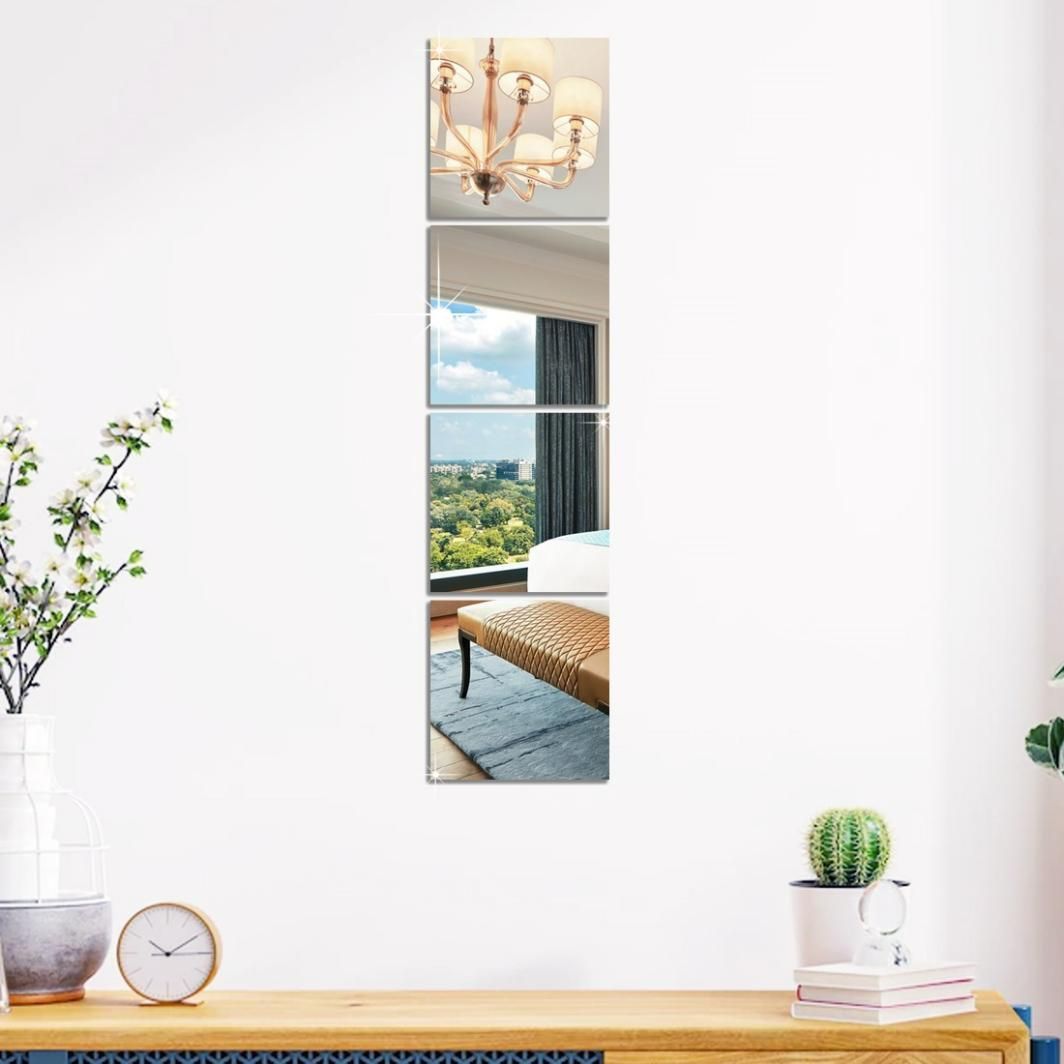 4 Big Square Silver 3D Acrylic Mirror Wall Sticker - Utility Mart 