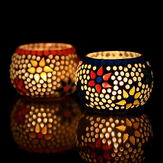 eCraftIndia Set of 2 Mosaic Glass Decorative Tea Light Holder - Utility Mart 